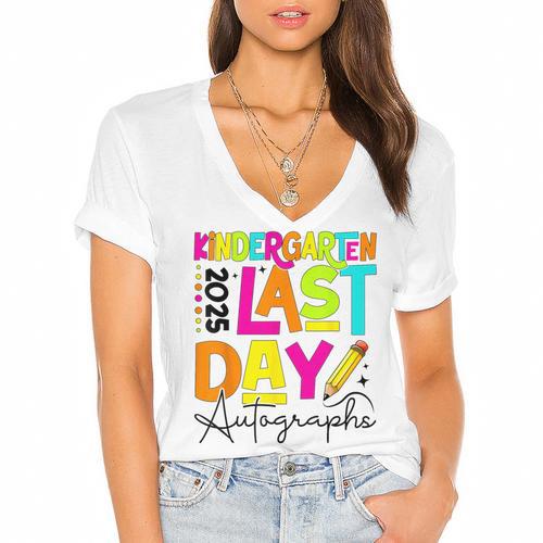 2025 Last Day Of School Autograph Kindergarten Graduation Women's Jersey Short Sleeve Deep V-Neck Tshirt				 - Best Gift Smart