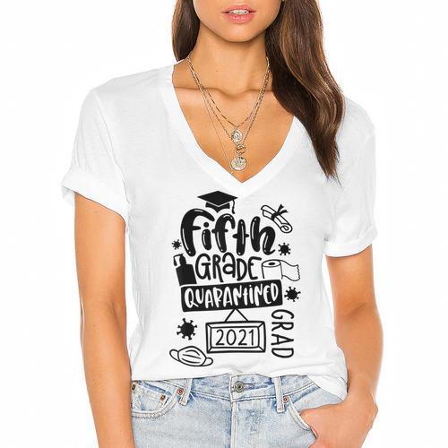 5th Grade Graduate 2021 Graduate Quarantine Fifth Graduation Women's Jersey Short Sleeve Deep V-Neck Tshirt - Best Gift Smart