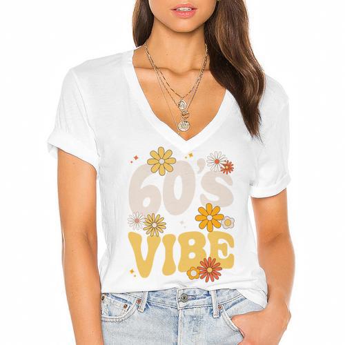 60's Vibe Vintage Nostalgia Mixtape Era 1960s Party Groovy Women's Jersey Short Sleeve Deep V-Neck Tshirt - Figerry