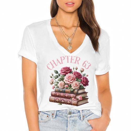 63rd Birthday Chapter 63 Birthday Shirt Women Book Lover Premium Women's Jersey Short Sleeve Deep V-Neck Tshirt - Bookorys