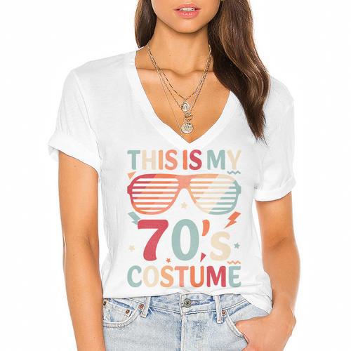 This Is My 70s Costume Vintage Style Nostalgia 1970s Retro Women's Jersey Short Sleeve Deep V-Neck Tshirt				 - Figerry