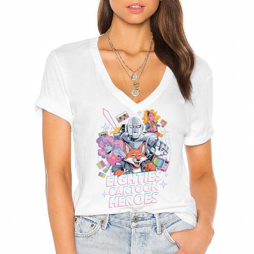 80's Cartoon Heroes Apparel For Retro Nostalgia Fans Women's Jersey Short Sleeve Deep V-Neck Tshirt - Figerry