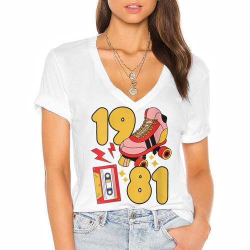 80s Vibes Mixed Tapes & Roller Skates 1981 Nostalgia Retro Women's Jersey Short Sleeve Deep V-Neck Tshirt				 - Figerry