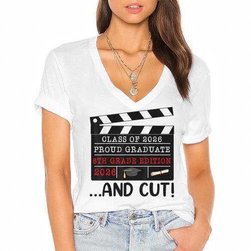 8th Grade Graduation 2026 Graduate Clapperboard Women's Jersey Short Sleeve Deep V-Neck Tshirt				 - Best Gift Smart