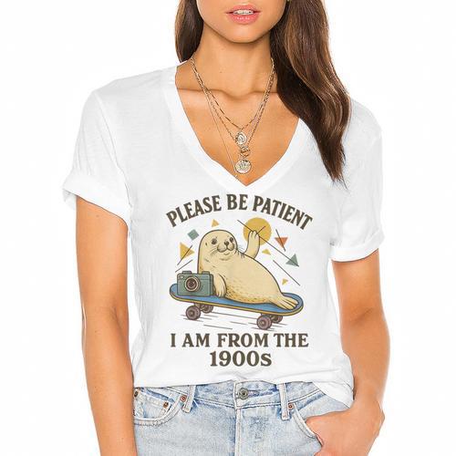 90s Manatee Humor Please Patient I'm From The 1900s Women's Jersey Short Sleeve Deep V-Neck Tshirt				 - Figerry