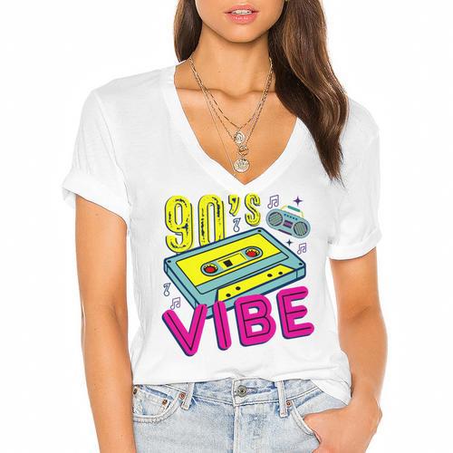 90's Vibe Retro Style Cassette Tape Nostalgia 1990s Party Women's Jersey Short Sleeve Deep V-Neck Tshirt - Figerry