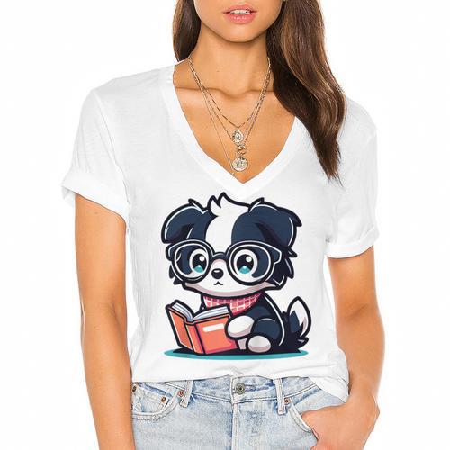 Adorable Book Lover Border Collie With Reading Glasses Cute Raglan Baseball Tee Women's Jersey Short Sleeve Deep V-Neck Tshirt				 - Bookorys CA