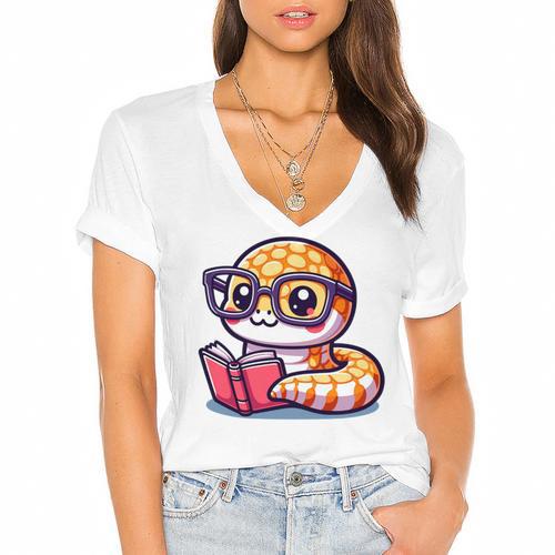 Adorable Book Lover Rattlesnake With Reading Glasses Cute Women's Jersey Short Sleeve Deep V-Neck Tshirt				 - Bookorys