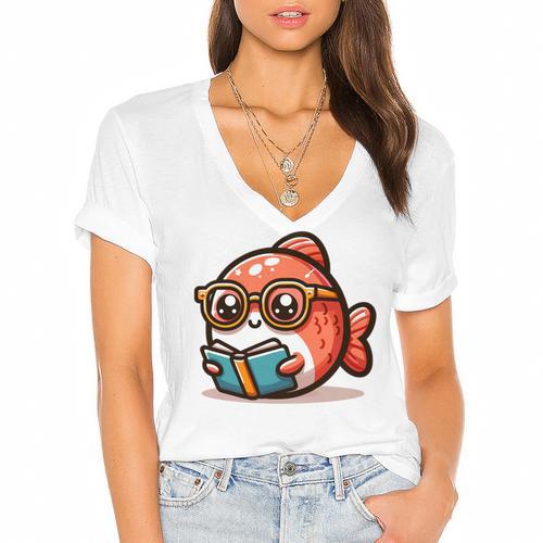 Adorable Book Lover Salmon With Reading Glasses Cute Women's Jersey Short Sleeve Deep V-Neck Tshirt - Bookorys DE
