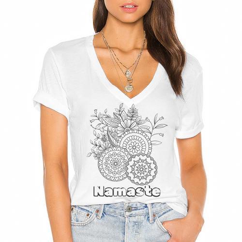 Adult Coloring Book Namaste Yoga Flowers Women's Jersey Short Sleeve Deep V-Neck Tshirt				 - Bookorys