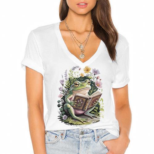 Aesthetic Cottagecore Frog Reading Book Floral Book Lover Women's Jersey Short Sleeve Deep V-Neck Tshirt				 - Bookorys