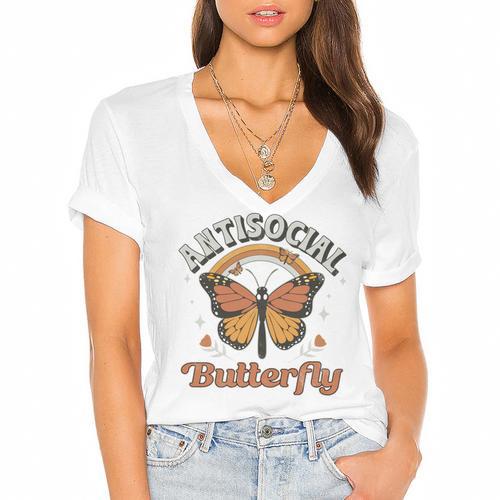 Antisocial Butterfly Tee For Introvert Men Women Girls Women's Jersey Short Sleeve Deep V-Neck Tshirt - Raresse