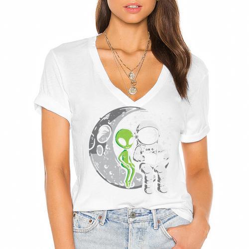 Astronaut Reading Book To Alien Moon Space Women Kids Men Premium Tri-Blend Women's Jersey Short Sleeve Deep V-Neck Tshirt				 - Bookorys AU