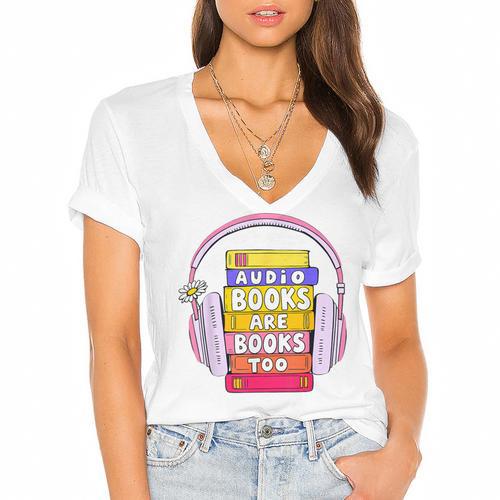 Audiobooks Are Books Too – Bookworm Nerd Reading Geek Women's Jersey Short Sleeve Deep V-Neck Tshirt				 - Bookorys CA