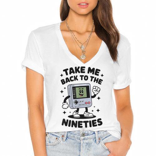 Take Me Back To The Nineties 90's Retro Gamer Nostalgia Women's Jersey Short Sleeve Deep V-Neck Tshirt				 - Figerry