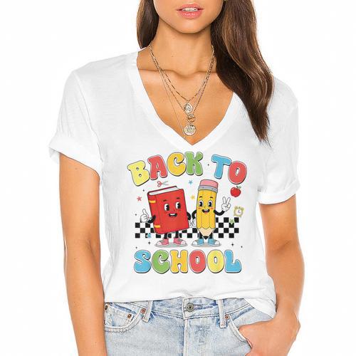 Back To School Checkered Book Pencil Groovy Teacher Student Women's Jersey Short Sleeve Deep V-Neck Tshirt				 - Bookorys DE