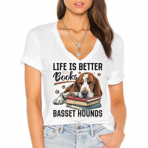Basset Hound Dog Breed Life Is Better With Books And a For Men Women Girls Kids Women's Jersey Short Sleeve Deep V-Neck Tshirt				 - Bookorys AU