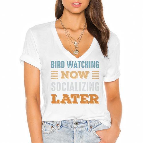 Bird Watching Now Minimal Socializing Introvert Vintage Women's Jersey Short Sleeve Deep V-Neck Tshirt				 - Raresse