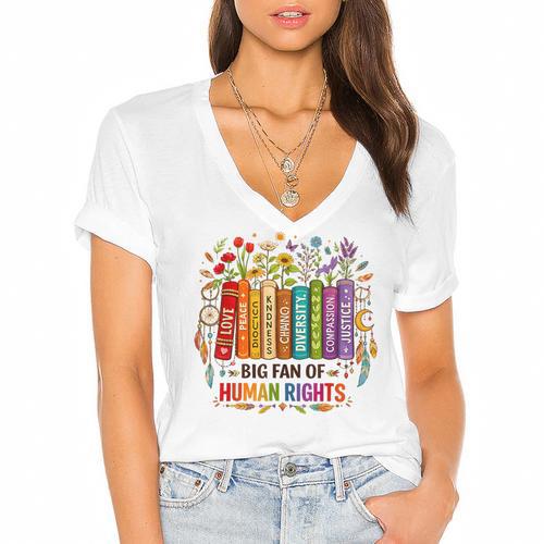 Boho Floral Book Big Fan Of Human Rights Liberal Protest Women's Jersey Short Sleeve Deep V-Neck Tshirt				 - Bookorys UK
