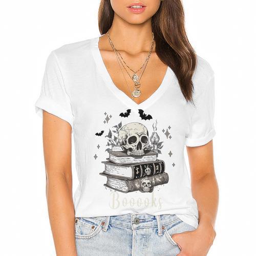 Boo Skeleton Skull Books Halloween Women School Teacher Kid Premium Women's Jersey Short Sleeve Deep V-Neck Tshirt - Bookorys DE