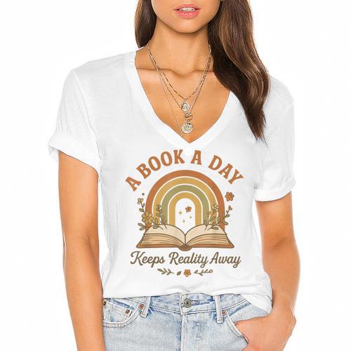 A Book A Day Keeps Reality Away Reading Women's Jersey Short Sleeve Deep V-Neck Tshirt				 - Bookorys