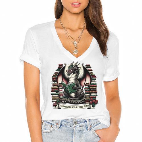Book Dragon Yes I Really Do Need All These Books Women's Jersey Short Sleeve Deep V-Neck Tshirt				 - Bookorys AU
