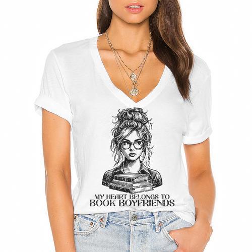 Book Lover Bent Over a Book Women's Jersey Short Sleeve Deep V-Neck Tshirt - Bookorys DE