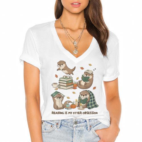 Book Lover Bookish Bookworm Reading Is My Otter-Obsession Women's Jersey Short Sleeve Deep V-Neck Tshirt - Bookorys DE