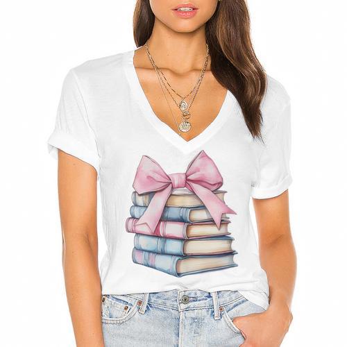 Book Lover Coquette Bow Pink Dainty Ribbon Cute Bookworm Women's Jersey Short Sleeve Deep V-Neck Tshirt				 - Bookorys AU