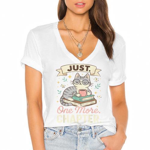 Book Lover Cute Cat Coffee Just 1 More Chapter Cozy Reading Women's Jersey Short Sleeve Deep V-Neck Tshirt				 - Bookorys AU