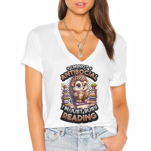 Book Lover Hedgehog Reading Books Introvert Bookworm Women's Jersey Short Sleeve Deep V-Neck Tshirt - Raresse