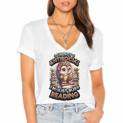 Book Lover Hedgehog Reading Books Introvert Bookworm Women's Jersey Short Sleeve Deep V-Neck Tshirt - Raresse