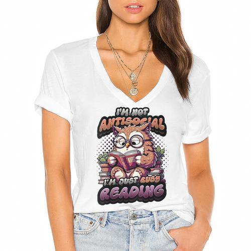 Book Lover Owl Reading Books Introvert Bookworm Women's Jersey Short Sleeve Deep V-Neck Tshirt - Raresse