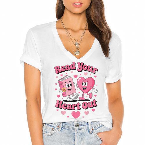 Book Lover Read Your Heart Out Teacher Kids Valentines Women's Jersey Short Sleeve Deep V-Neck Tshirt				 - Bookorys