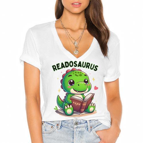 Book Lover Reading Dinosaur Readosaurus Library Women's Jersey Short Sleeve Deep V-Neck Tshirt - Bookorys AU