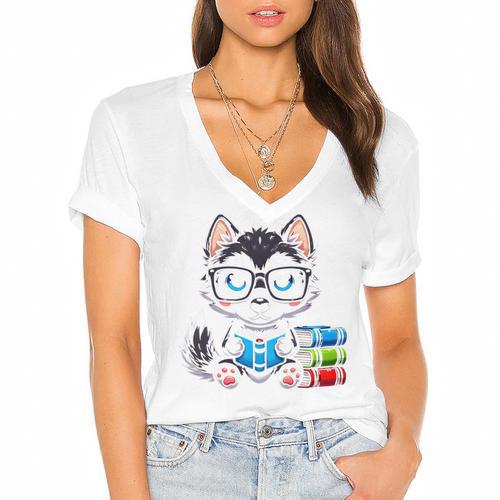 Book Lover Reading Husky Dog Women's Jersey Short Sleeve Deep V-Neck Tshirt - Bookorys DE