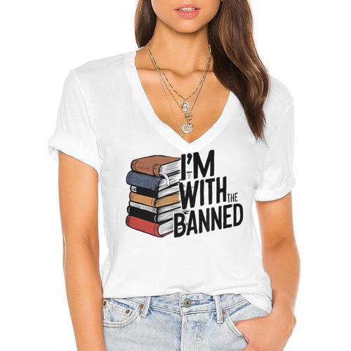 Book Lovers Im With The Banned Books For Reading Librarian Women's Jersey Short Sleeve Deep V-Neck Tshirt				 - Bookorys