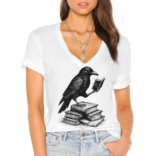 Book Raven Vintage Dark Academia Literature Reading Women's Jersey Short Sleeve Deep V-Neck Tshirt - Bookorys CA