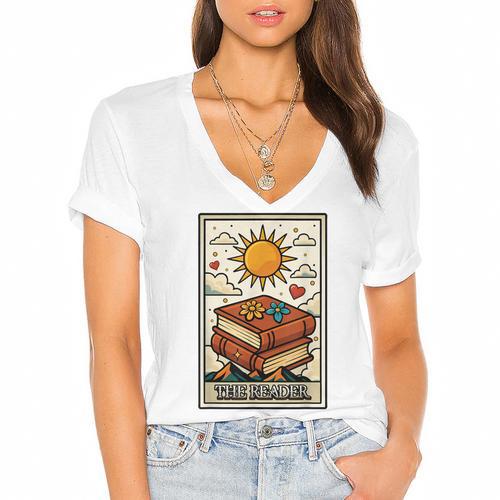 Book Reading Tarot Card The Reader Women's Jersey Short Sleeve Deep V-Neck Tshirt				 - Bookorys AU