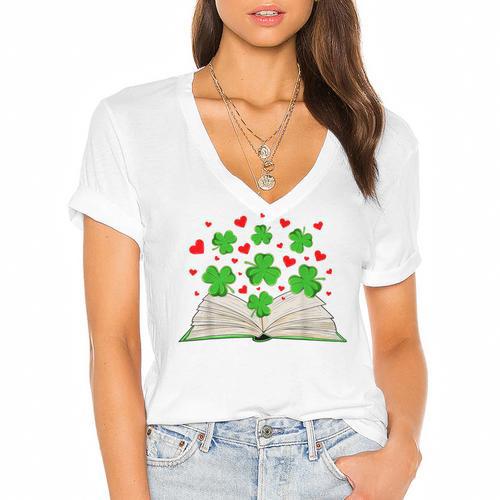 Book With Shamrocks Librarian Saint Patrick's Day Kids Women's Jersey Short Sleeve Deep V-Neck Tshirt - Bookorys