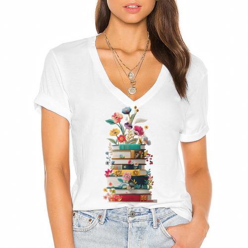 Book Stack With Flowers Reading Lover Bookish Women's Jersey Short Sleeve Deep V-Neck Tshirt				 - Bookorys