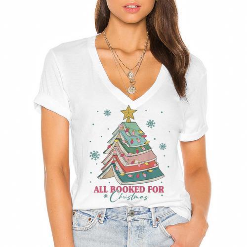 All Booked For Christmas Book Christmas Tree Lights Bookish Women's Jersey Short Sleeve Deep V-Neck Tshirt - Bookorys