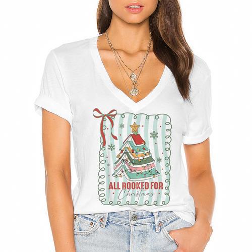 All Booked For Christmas Book Xmas Tree Coquette Bow Lights Women's Jersey Short Sleeve Deep V-Neck Tshirt				 - Bookorys