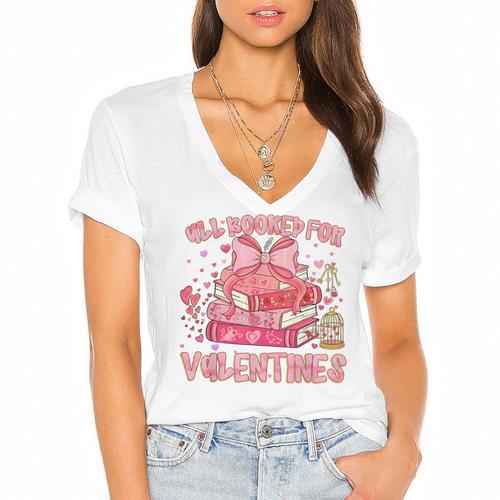 All Booked For Valentines Book Lovers Teacher Kid Valentines Women's Jersey Short Sleeve Deep V-Neck Tshirt - Bookorys