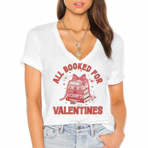 All Booked For Valentines Bow Heart Book Lover Valentine Day Women's Jersey Short Sleeve Deep V-Neck Tshirt				 - Bookorys