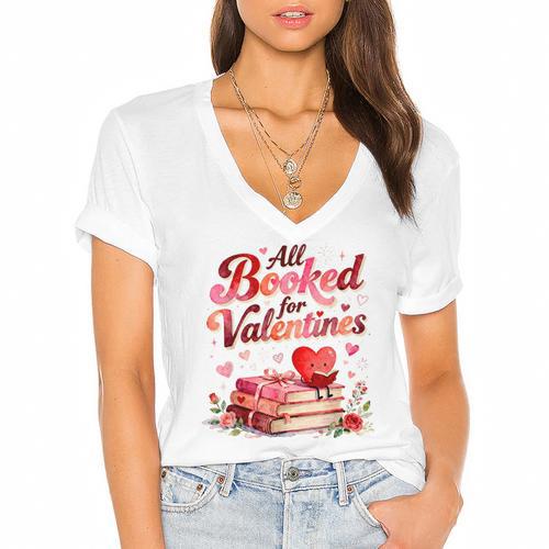 All Booked For Valentines Cute Book Lover Quote Women's Jersey Short Sleeve Deep V-Neck Tshirt				 - Bookorys