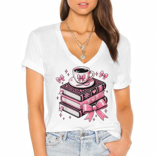 All Booked For Valentine's Teacher Coquette Bow Coffee Book Women's Jersey Short Sleeve Deep V-Neck Tshirt				 - Bookorys