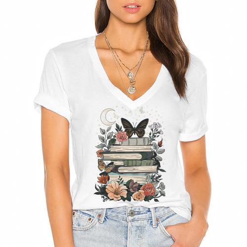 Bookish Cottagecore Aesthetic Celestial Reader Book Lover Women's Jersey Short Sleeve Deep V-Neck Tshirt				 - Bookorys CA