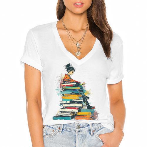 Books Abstract Artist Women Art Painting Books Women's Jersey Short Sleeve Deep V-Neck Tshirt - Bookorys DE