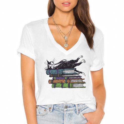 Books Cats Life Is Sweet Cats Books Lover Men Women Women's Jersey Short Sleeve Deep V-Neck Tshirt - Bookorys CA